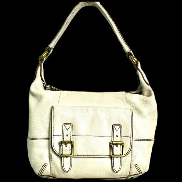 VINTAGE FOSSIL IVORY GENUINE LEATHER MEDIUM HOBO TOTE SHOULDER BAG HANDBAG PURSE - Picture 1 of 11